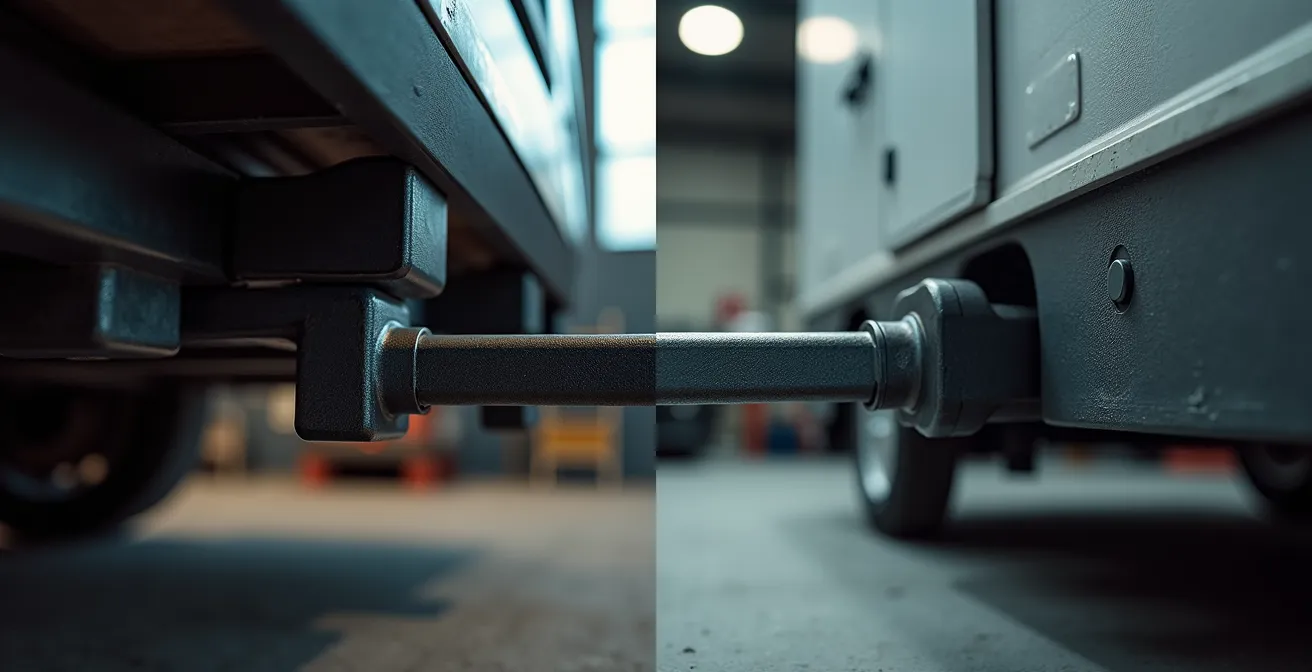 Technische Nahaufnahme zeigt Kraftverteilung bei AHK-Träger im Vergleich zu Rückwandmontage