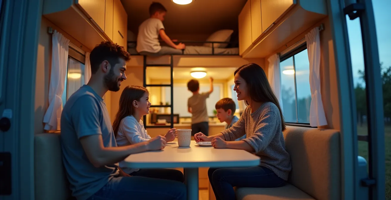 Gemütlicher Wohnbereich eines Alkoven-Wohnmobils am Abend mit spielenden Kindern