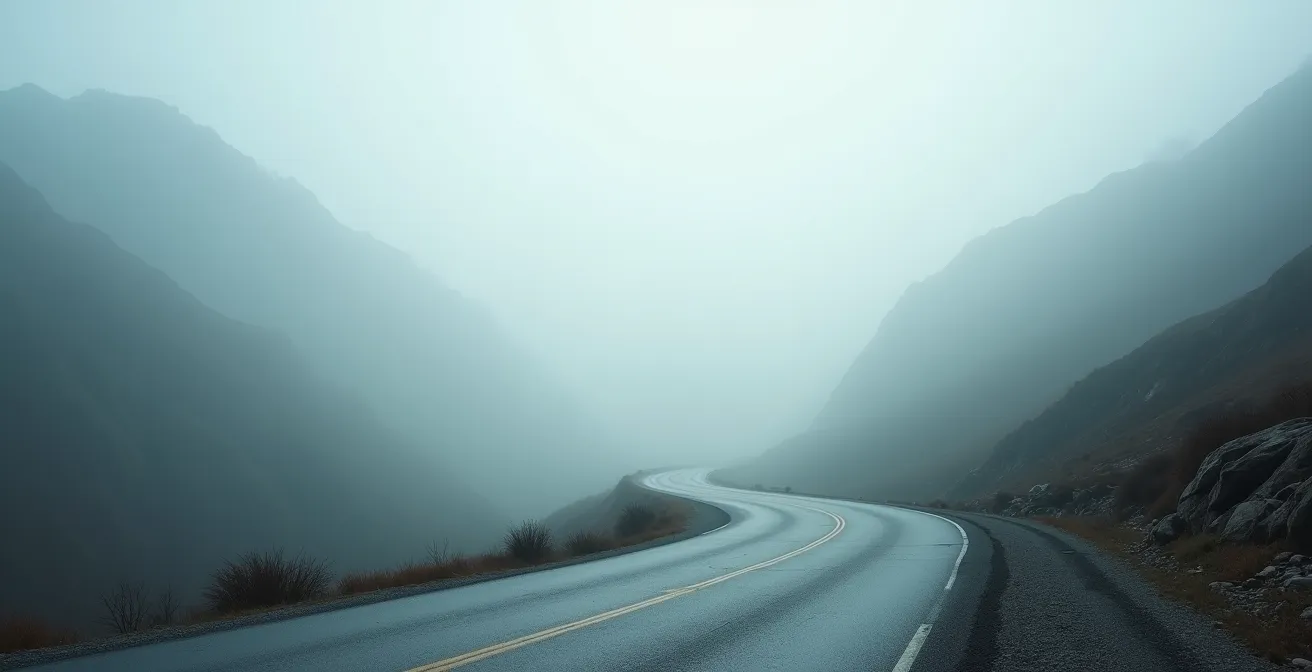 Nebliger Alpenpass mit verschwommenen Bergkonturen