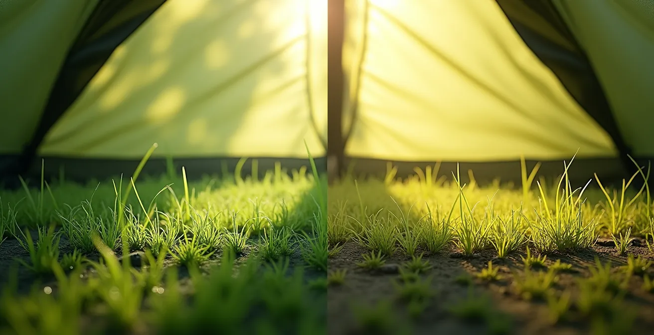 Querschnitt eines Zeltbodens auf Rasen zeigt Luftzirkulation