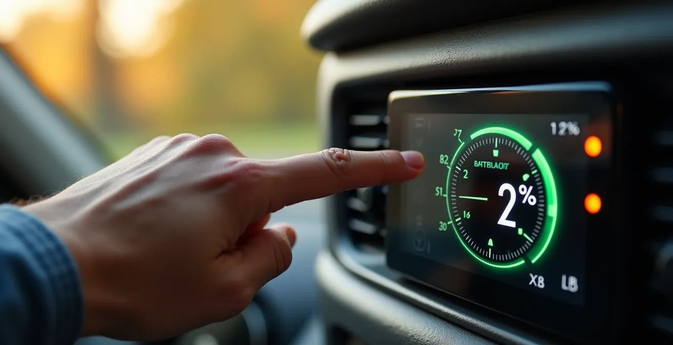 Digitales Display eines Batteriecomputers zeigt Ladezustand und verbleibende Zeit