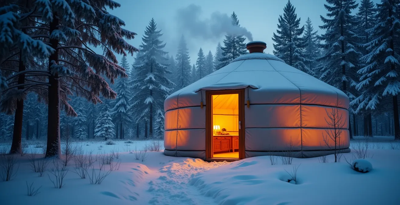 Gemütlich beleuchtete Jurte mit rauchendem Kamin in verschneiter Schwarzwaldlandschaft