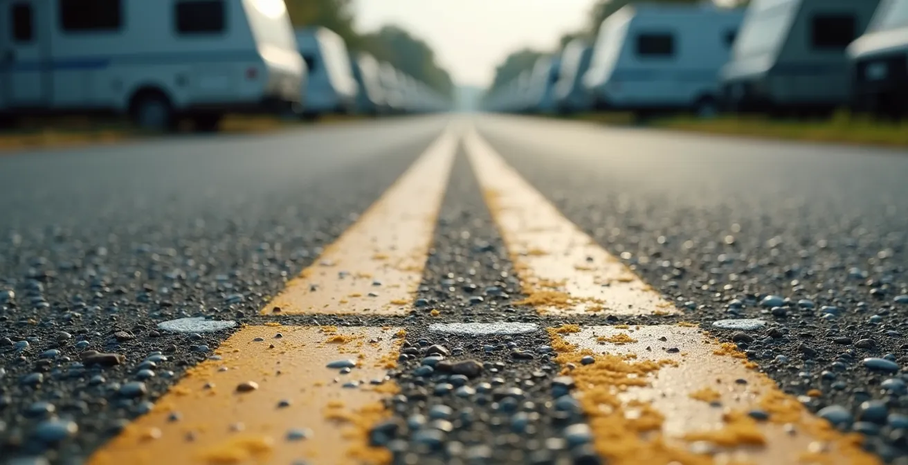 Luftaufnahme eines Stellplatzes mit klar markierten 3-Meter-Abständen zwischen Wohnmobilen