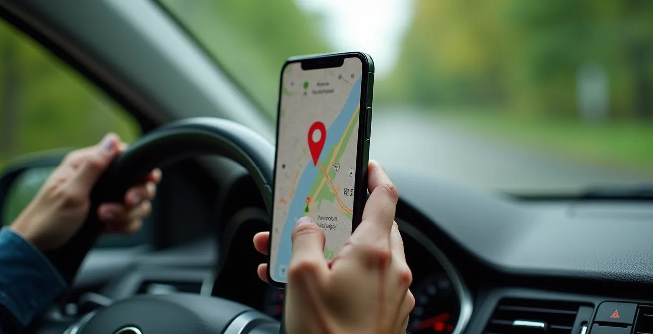 Smartphone-Halterung im Wohnmobil zeigt eine Camping-App mit einer stilisierten Karte