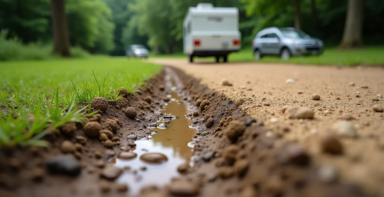 Nahaufnahme verschiedener Bodenstrukturen auf einem Campingplatz bei unterschiedlichen Wetterbedingungen