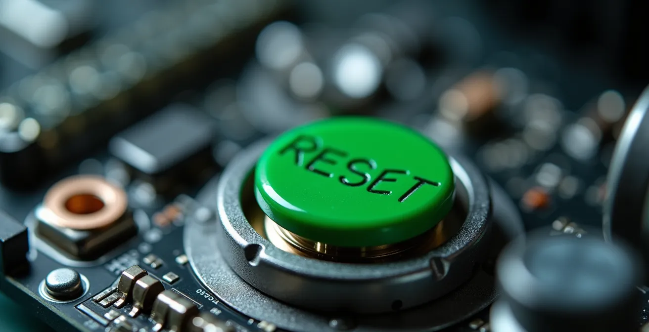 Makroaufnahme eines grünen Reset-Knopfes am Crash-Sensor mit technischen Details