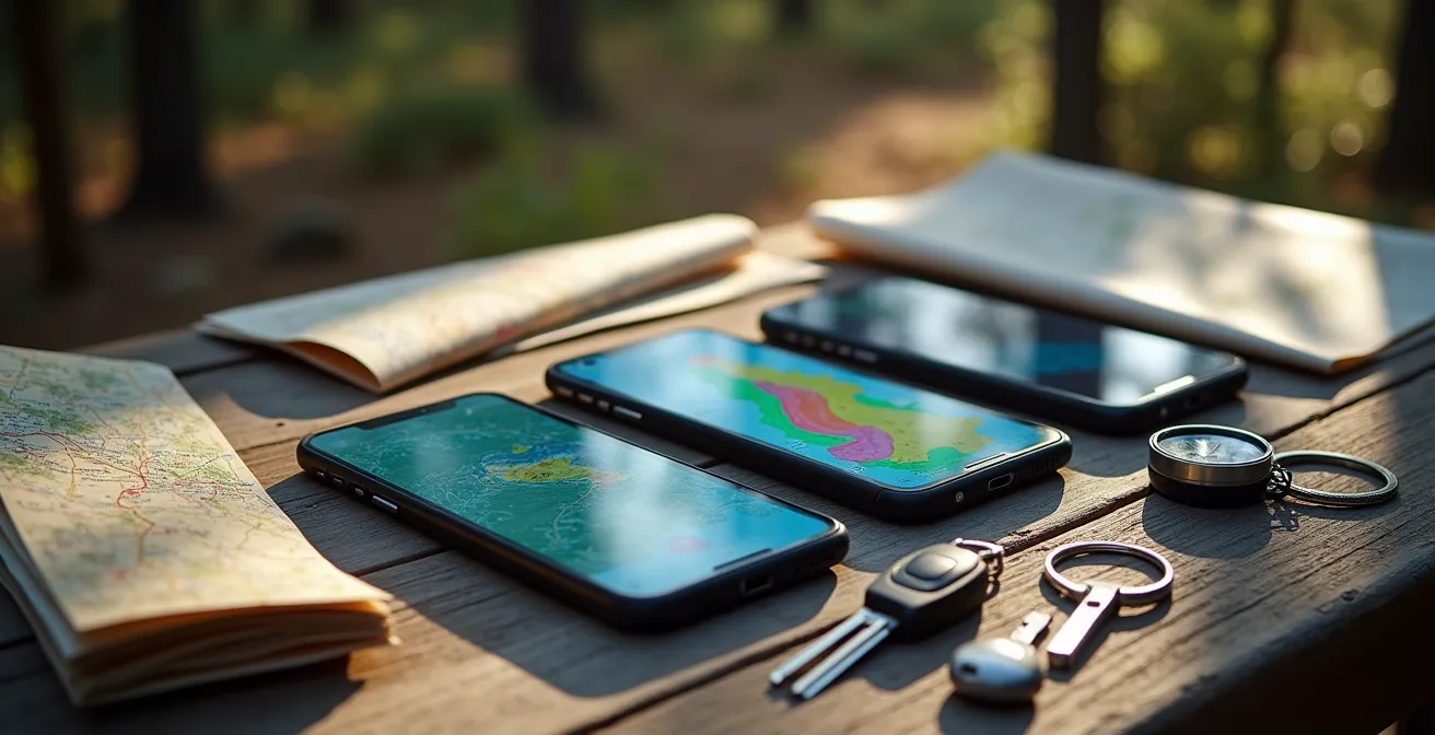 Smartphone-Bildschirme zeigen verschiedene Camping-Apps im Vergleich