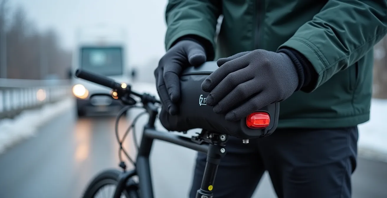 Nahaufnahme eines E-Bike-Motors mit Neoprenschutzhülle bei winterlichen Straßenverhältnissen