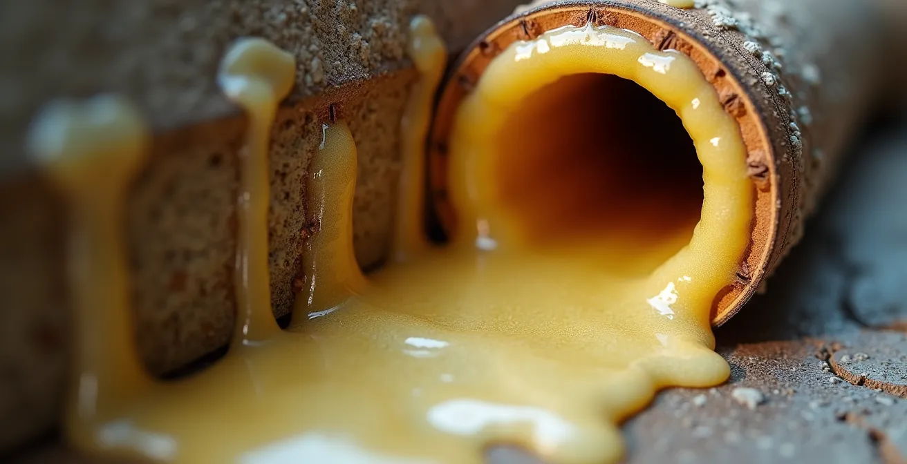 Makroaufnahme eines teilweise verstopften Rohrs mit Fettablagerungen