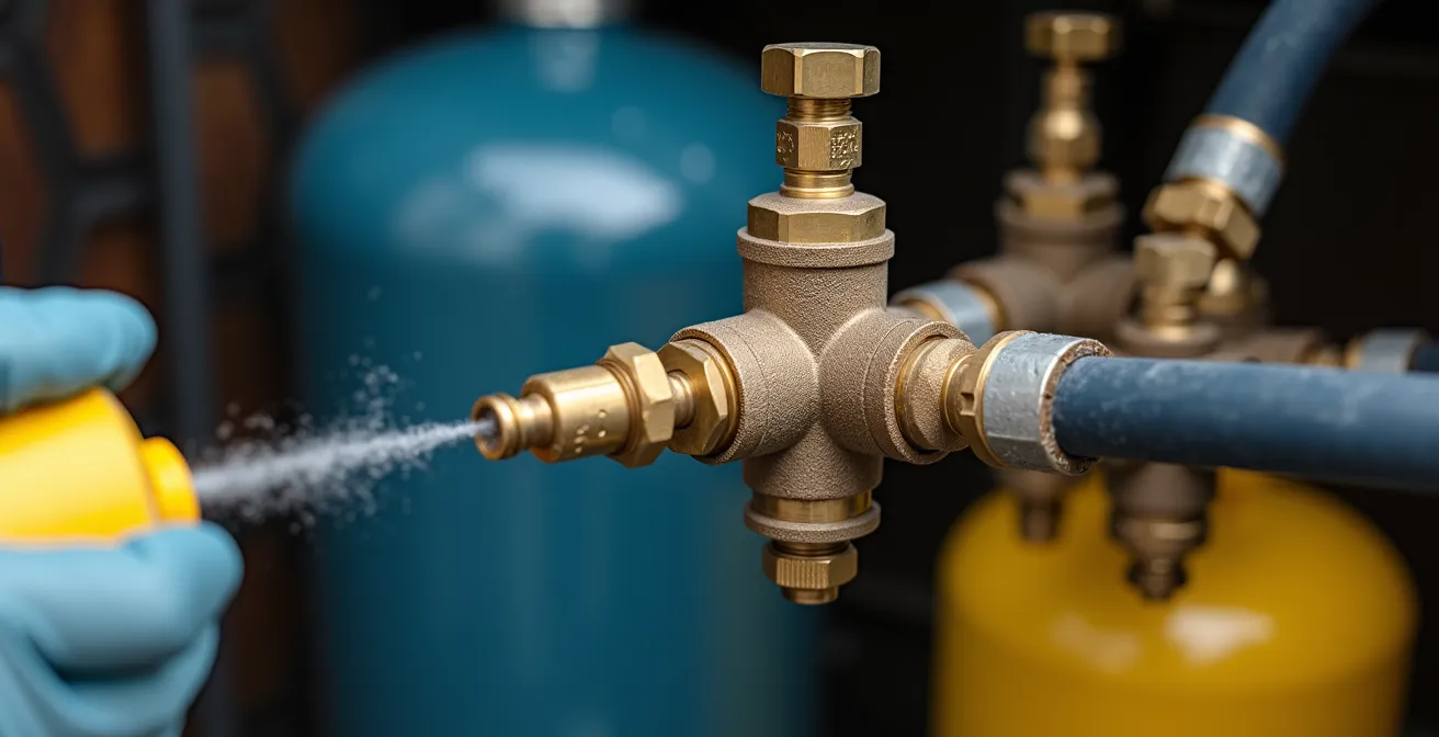 Nahaufnahme eines geöffneten Gaskastens mit Gasflaschen und Prüfequipment