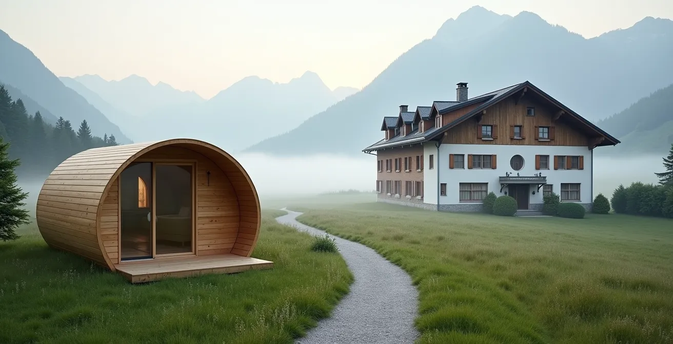 Moderner Glamping-Pod und Hotel nebeneinander in bayerischer Alpenlandschaft