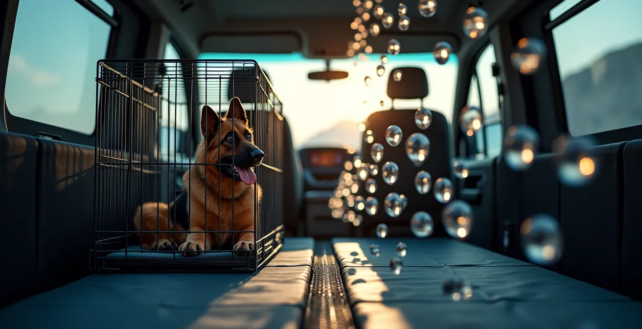 Gesicherte Hundebox in der Heckgarage eines Wohnmobils