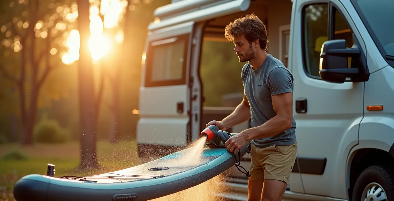 SUP-Board wird mit Akku-Laubbläser neben Wohnmobil getrocknet