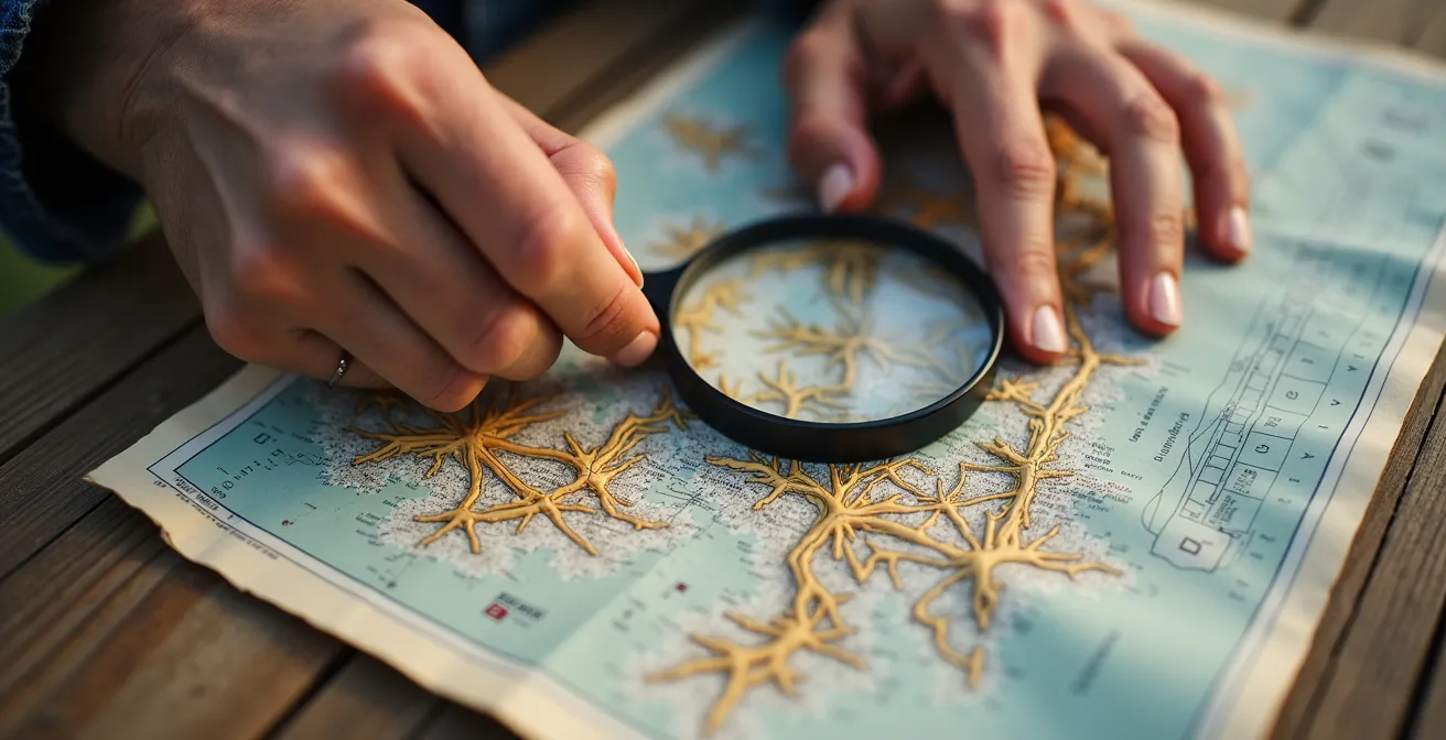 Makroaufnahme von Fingern auf topografischer Karte mit Lupe