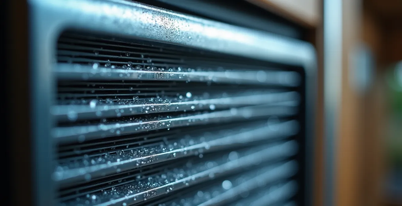 Nahaufnahme eines modernen Kompressorkühlschranks im Wohnmobil-Innenraum