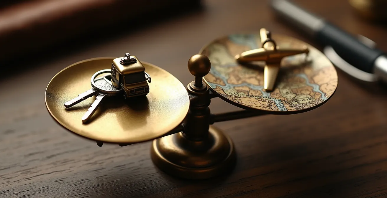 Symbolische Waage mit Wohnmobilschlüssel und Flugticket im Gleichgewicht