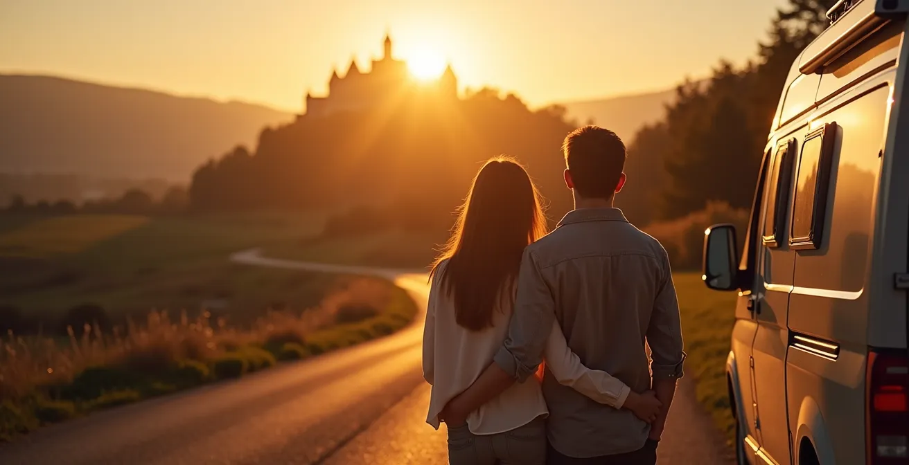 Wohnmobil auf romantischer Straße mit Schloss im Hintergrund