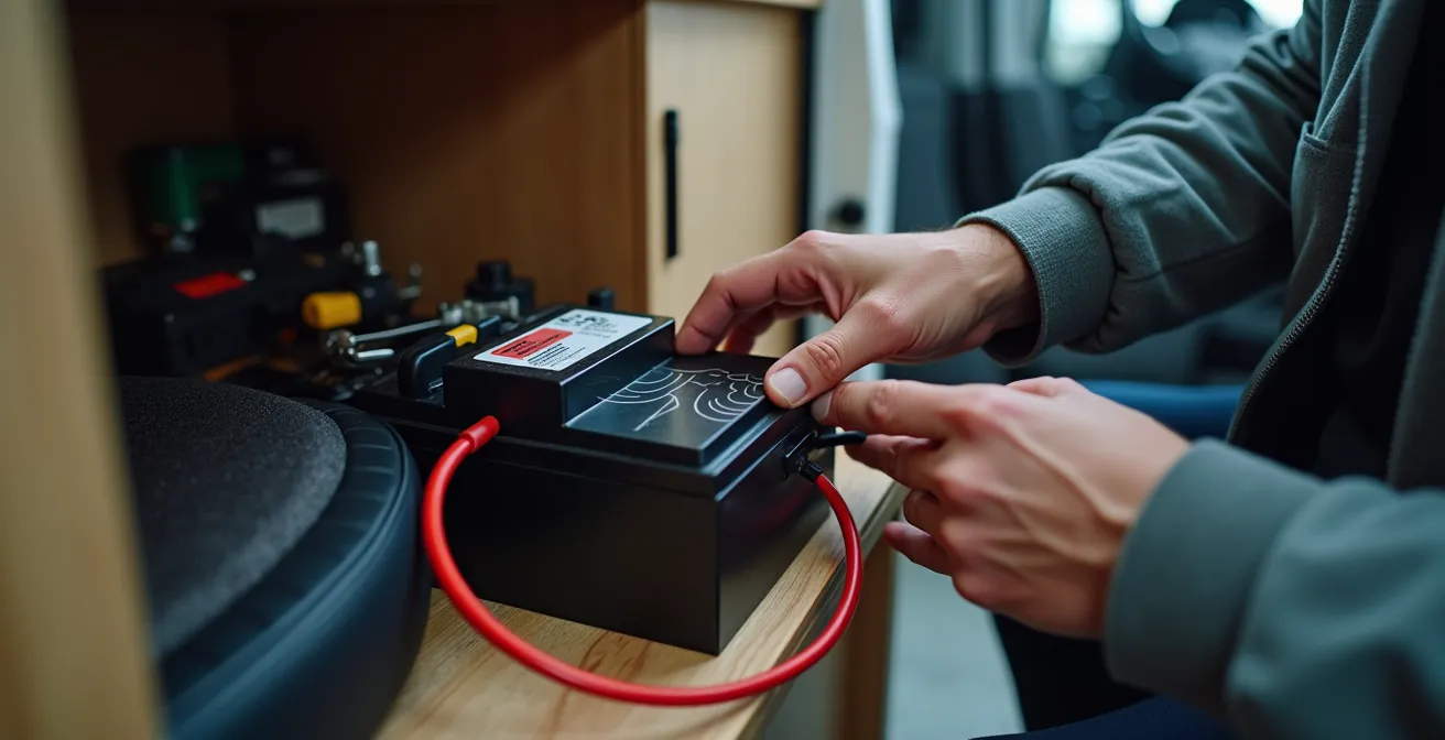 LiFePO4-Batterie kompakt unter Wohnmobilsitz installiert