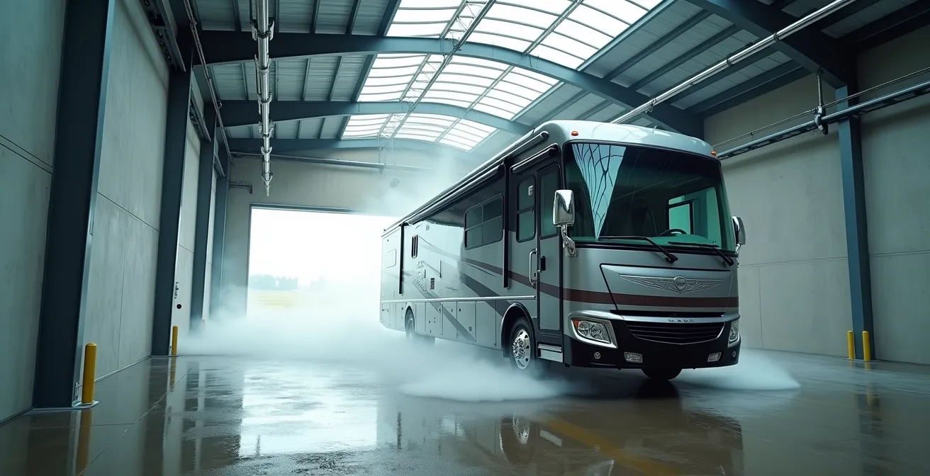 Professionelle LKW-Waschbox mit hohem Luxus-Liner während der Reinigung