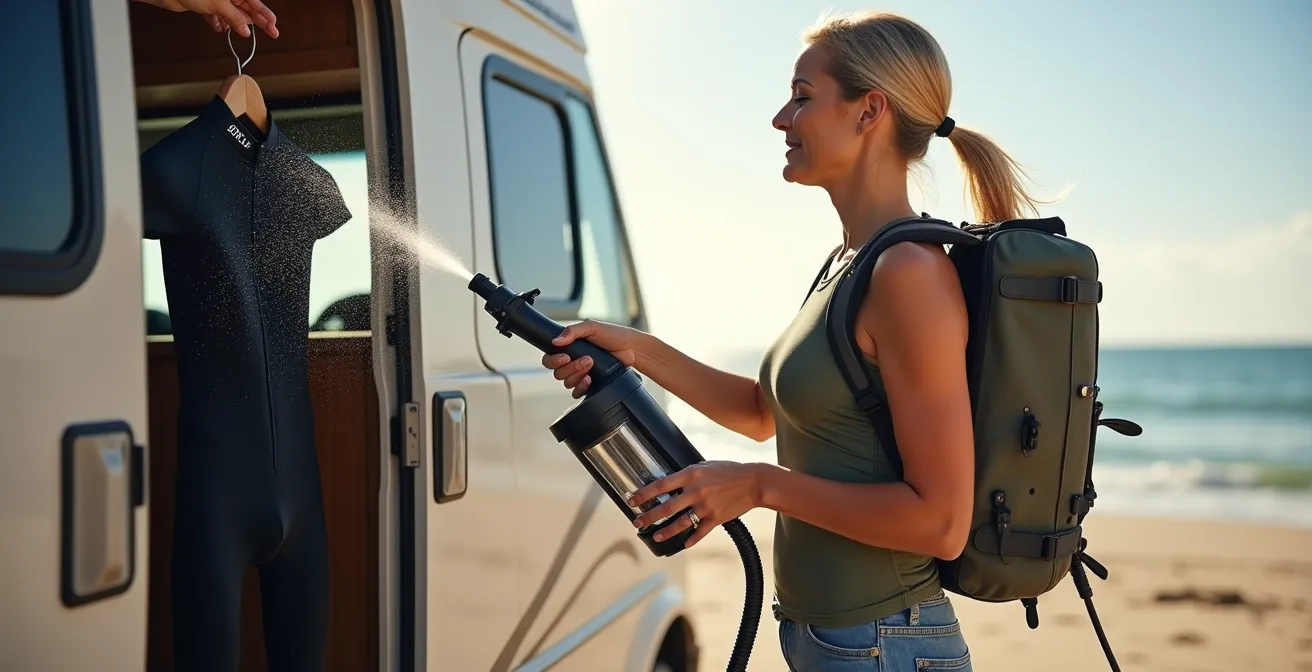 Mobile Außendusche zur Reinigung von Neoprenanzügen am Wohnmobil