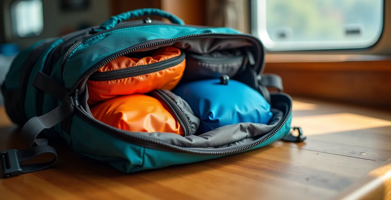 Modular gepackter Wanderrucksack mit Wetterausrüstung auf Holztisch