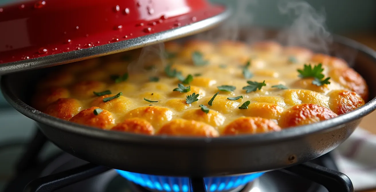 Omnia Campingbackofen auf einem Gasherd, in dem ein goldbraunes Kartoffelgratin sichtbar ist