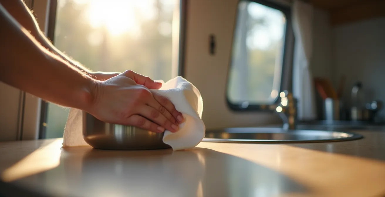 Präventive Reinigung der Pfanne mit Papiertuch vor dem Spülen im Wohnmobil