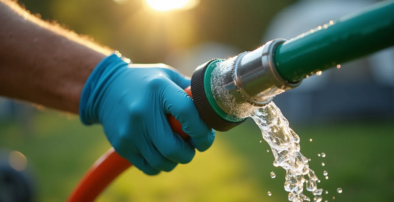 Hygienische Reinigung eines Abwasserschlauchs mit Spüladapter