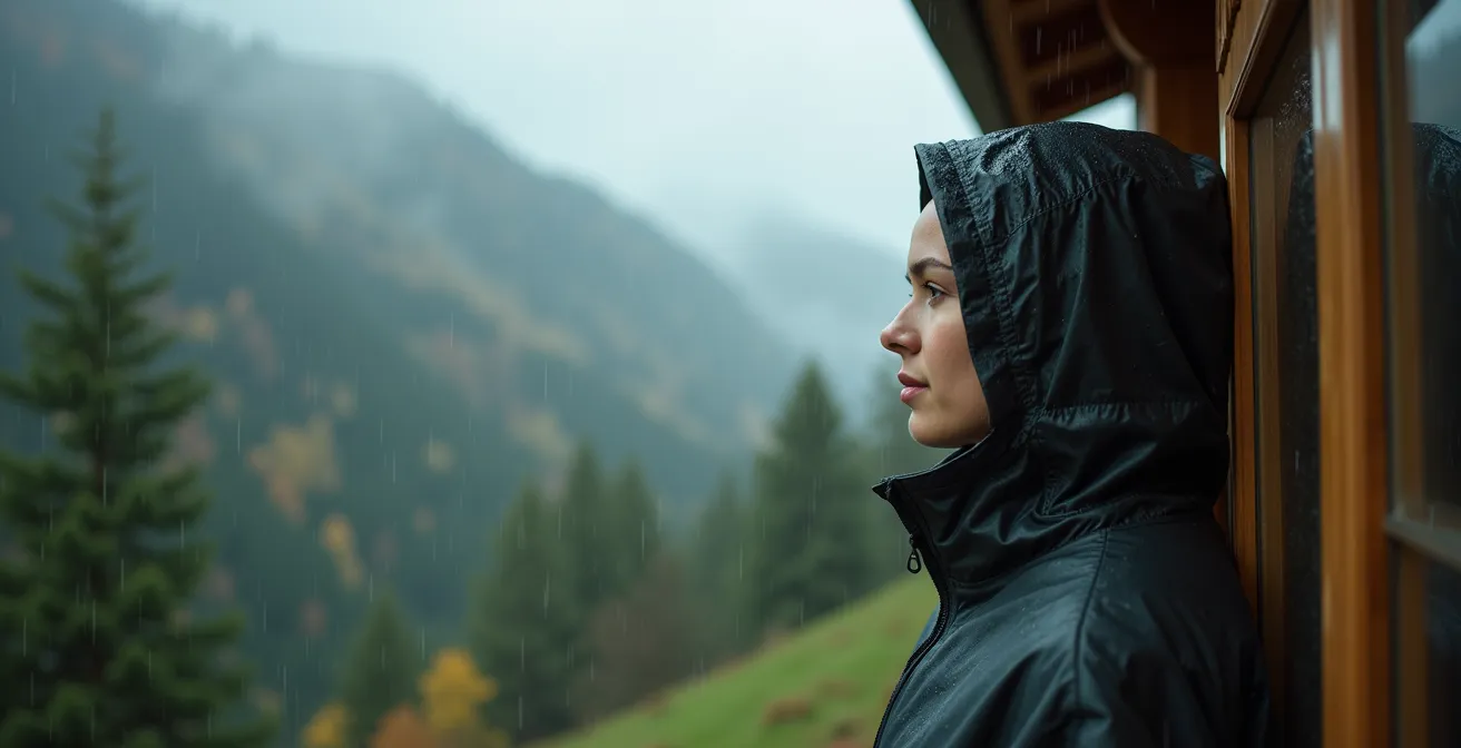 Regentropfen auf Tannenzweigen im nebligen Schwarzwald, die eine friedliche und meditative Atmosphäre schaffen.
