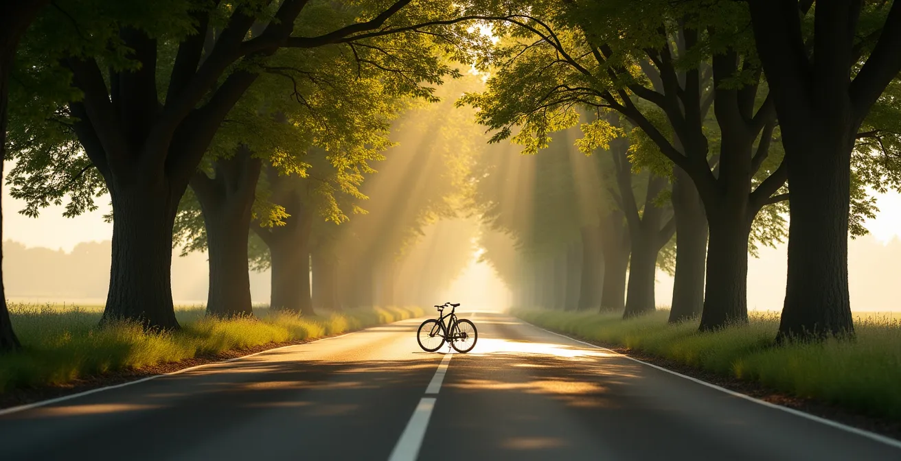 Historische Allee in Mecklenburg-Vorpommern mit jahrhundertealten Bäumen, die ein grünes Dach über der leeren Landstraße bilden.