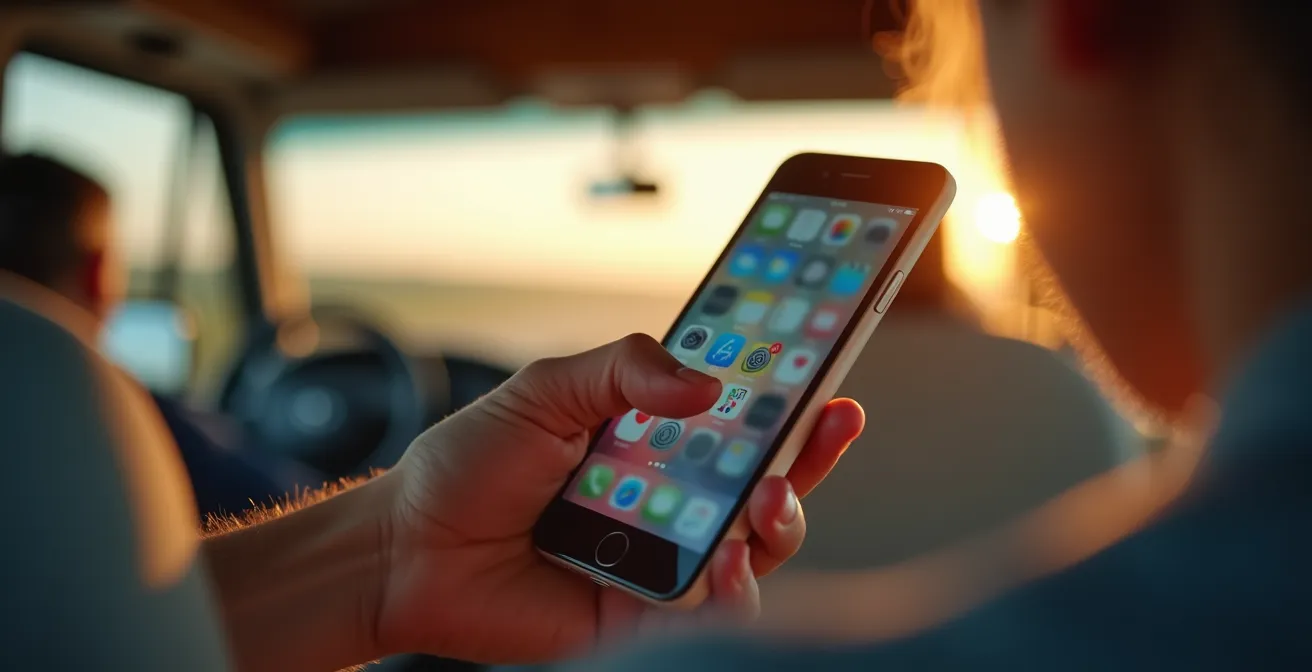 Hand hält Smartphone mit Stellplatz-App in Wohnmobil-Innenraum