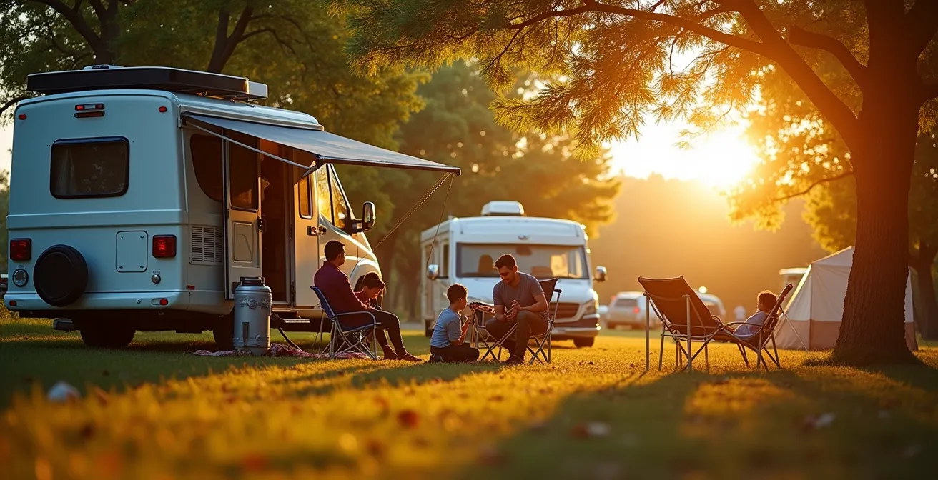 Campingplatz mit verschiedenen Schattenwürfen zu unterschiedlichen Tageszeiten