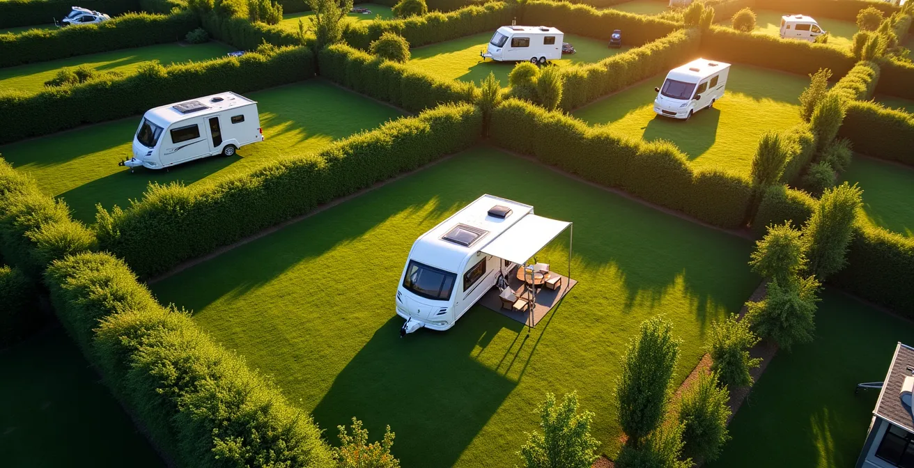 Luftaufnahme eines großzügigen parzellierten Stellplatzes mit Hecken auf deutschem 5-Sterne-Campingplatz