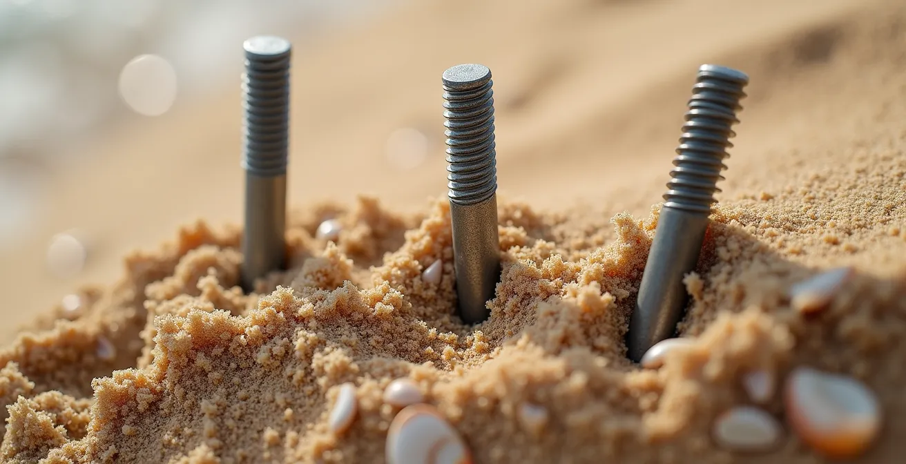 Verschiedene Heringstypen im sandigen Nordseeboden mit sichtbarer Verankerungstiefe