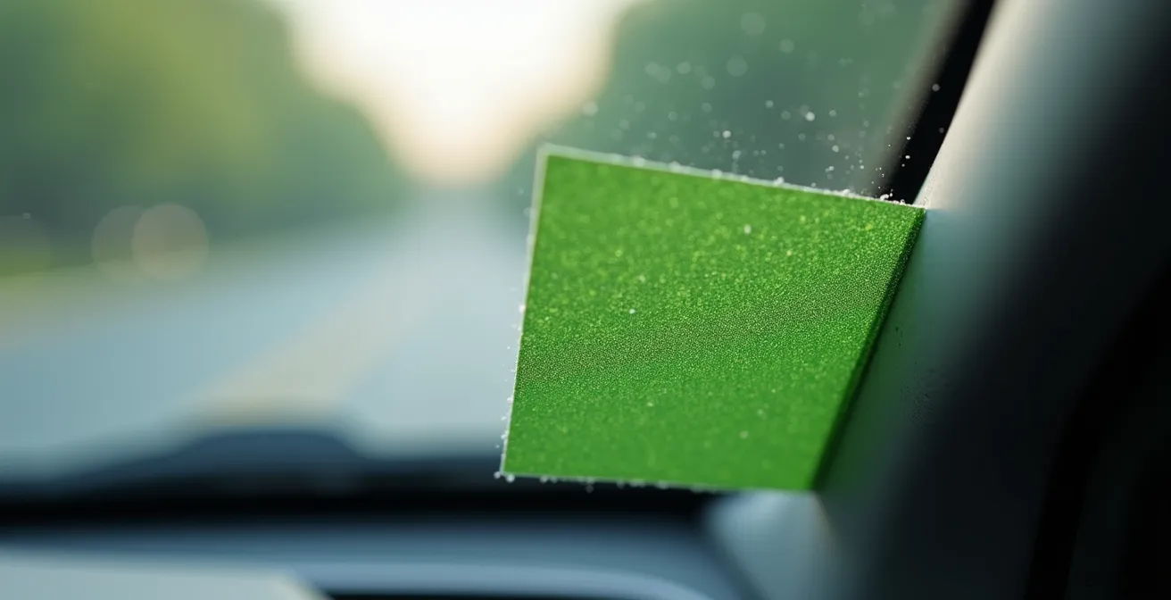 Nahaufnahme grüne Umweltplakette an Windschutzscheibe