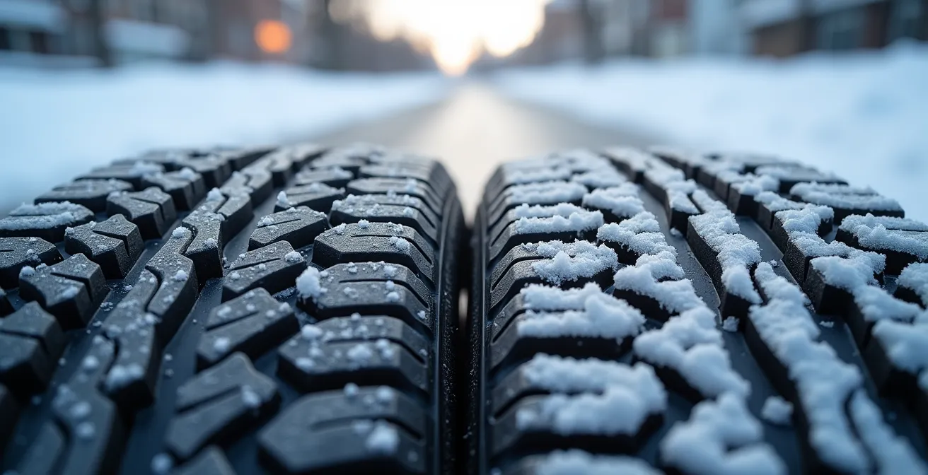 Makroaufnahme von Reifenprofilen eines Winterreifens und eines Ganzjahresreifens im Vergleich bei winterlichen Bedingungen