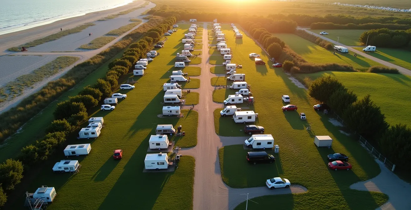 Luftaufnahme eines Campingplatzes mit verschiedenen Stellplatzbereichen