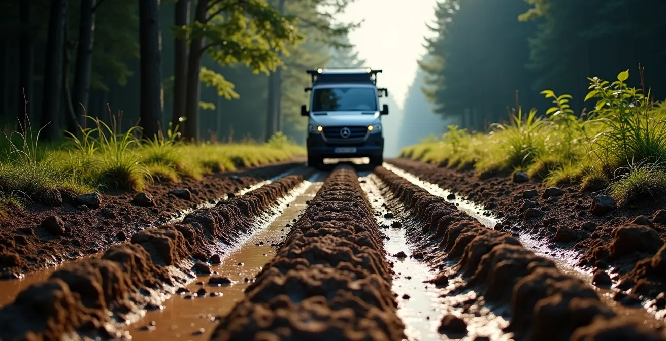 Schmaler Waldweg mit Wohnmobil und digitaler Kartenplanung im deutschen Mittelgebirge