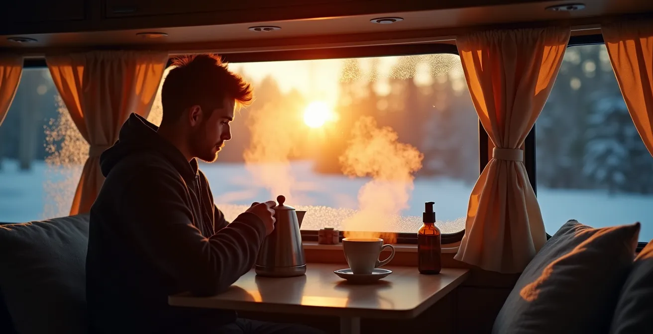 Morgendliche Szene im Wohnmobil mit Warmwasserbereitung im Winter