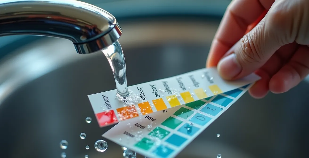 Nahaufnahme Wasserprüfung mit Teststreifen am Wohnmobil