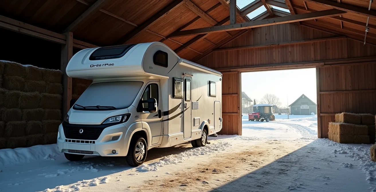 Wohnmobil in verschneiter Scheune mit sichtbarem Solarpanel