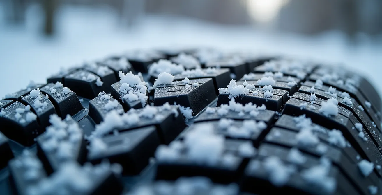 Nahaufnahme Winterreifen mit Alpine-Symbol und DOT-Markierung