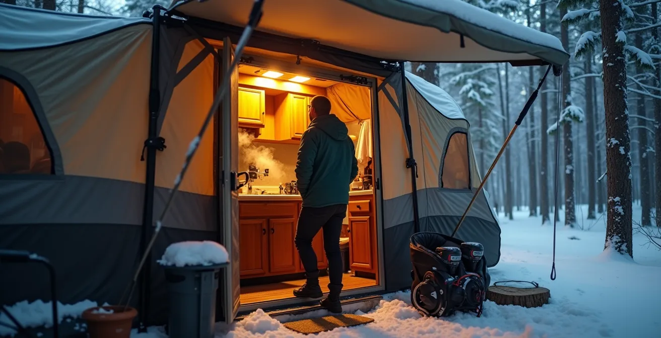 Wintervorzelt an Wohnmobil als Klimaschleuse im Schnee