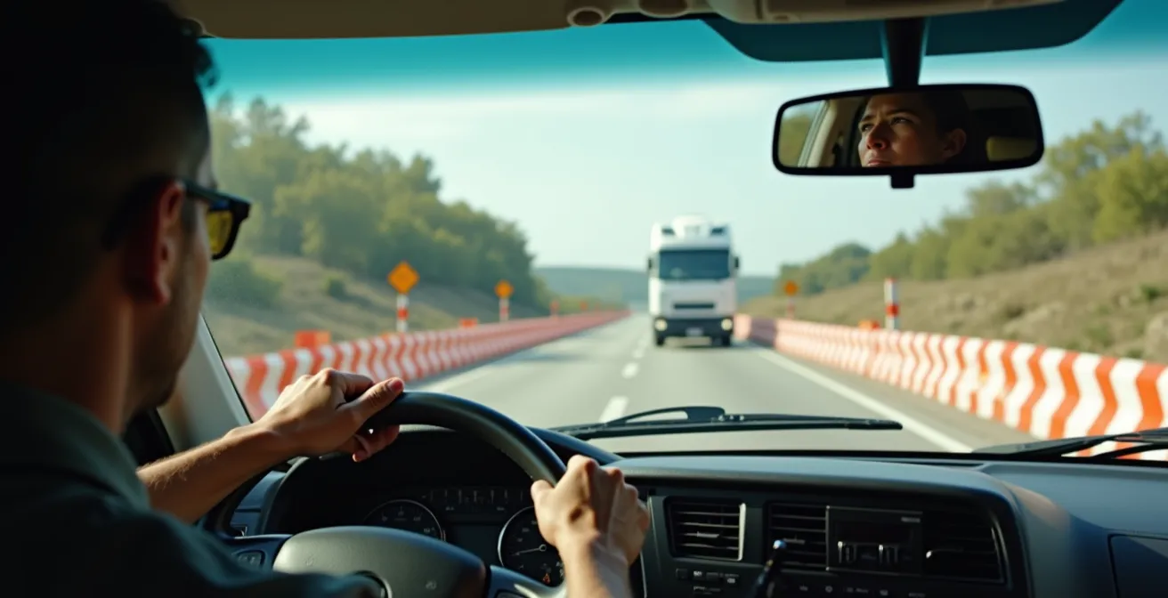 Wohnmobil fährt vorsichtig durch verengte Baustellenspur mit Betonleitplanken