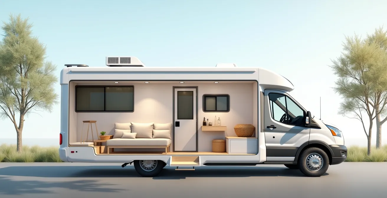 Seitliche Ansicht eines Wohnmobils mit farblich markierten Ladezonen