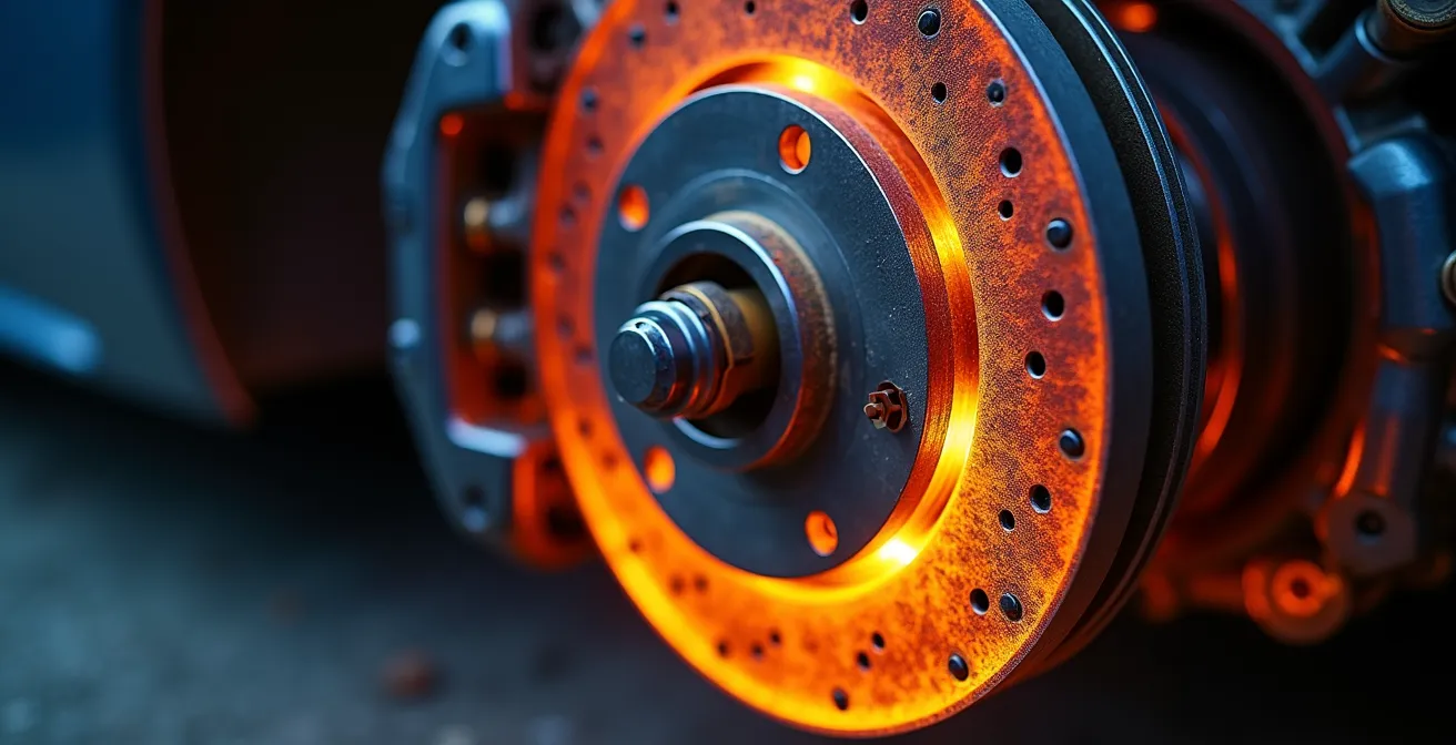 Nahaufnahme von Bremsscheiben und Motorblock eines Wohnmobils, die die mechanische Belastung bei Bergabfahrten symbolisieren.