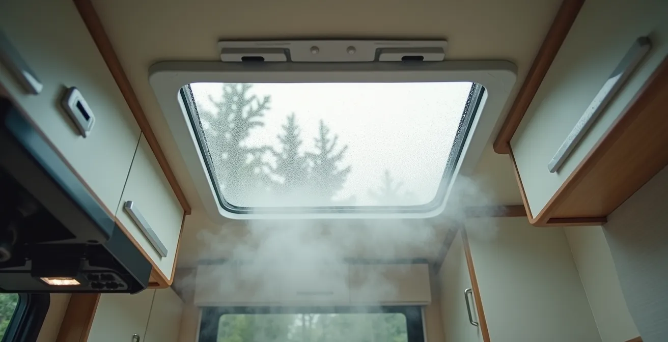 Kondensationstropfen an einem geöffneten Dachfenster im Wohnmobil, durch das Dampf vom Kochen aufsteigt