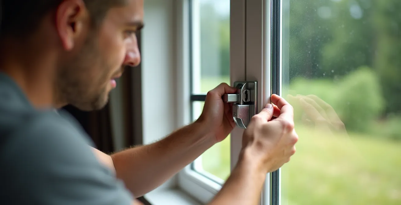 Detailaufnahme einer Fenstersicherung mit Zusatzriegel am Wohnmobilfenster
