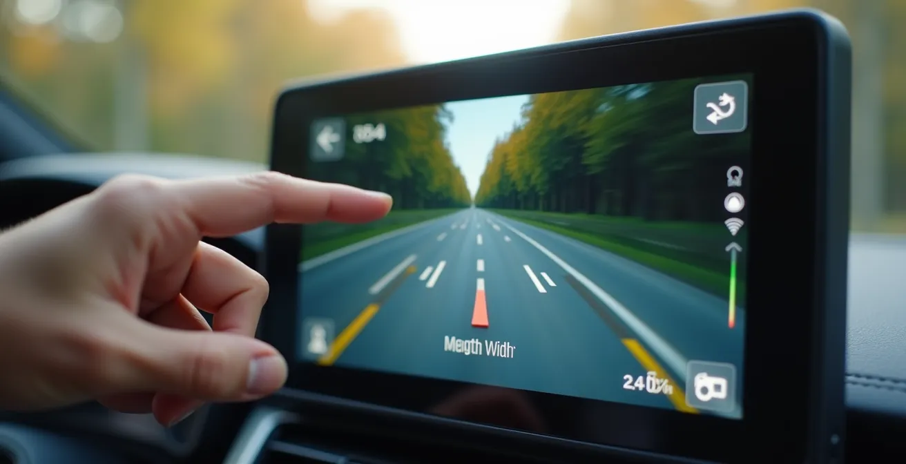 Nahaufnahme eines Navigationsdisplays mit Eingabefeldern für Fahrzeughöhe, Breite und Gewicht