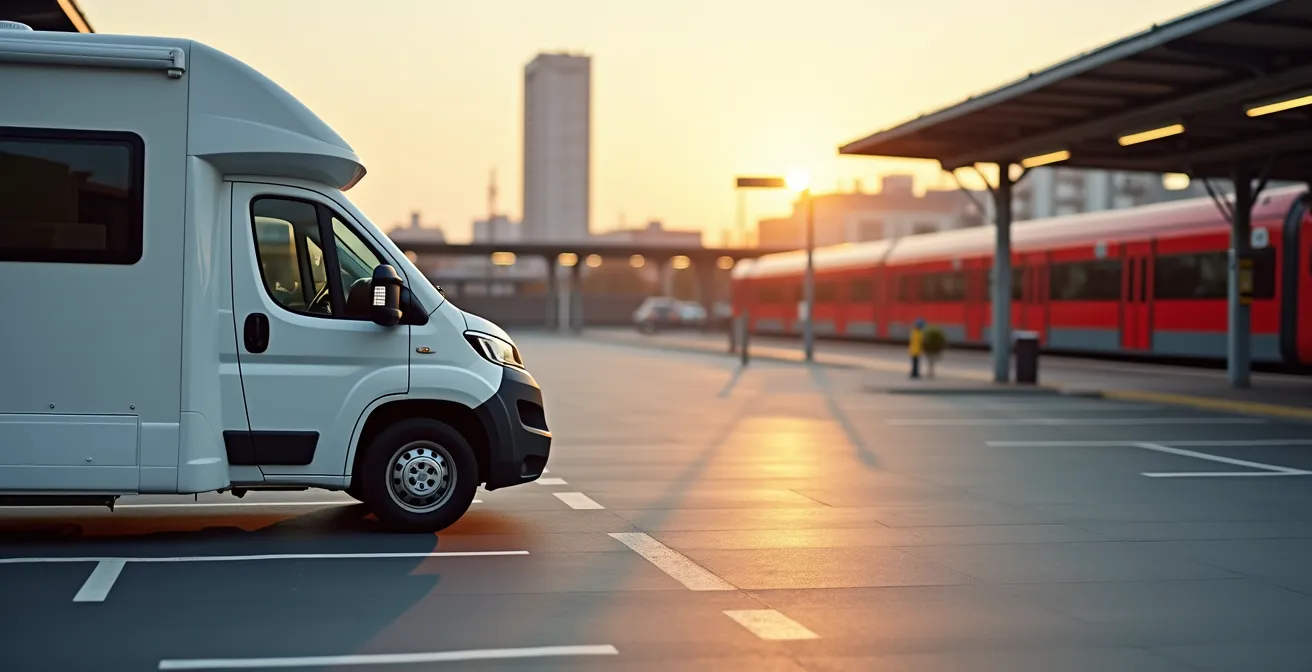 Wohnmobil auf großzügigem P+R-Parkplatz mit S-Bahn im Hintergrund